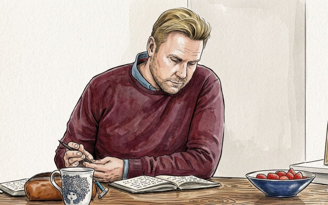 Dagbogsskrivning mod stress: En mand skriver i en notesbog ved et roligt bord.