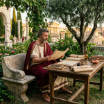 Cicero sidder i sin have med et bibliotek.
