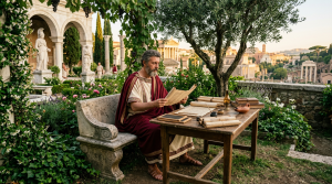 Cicero sidder i sin have med et bibliotek.